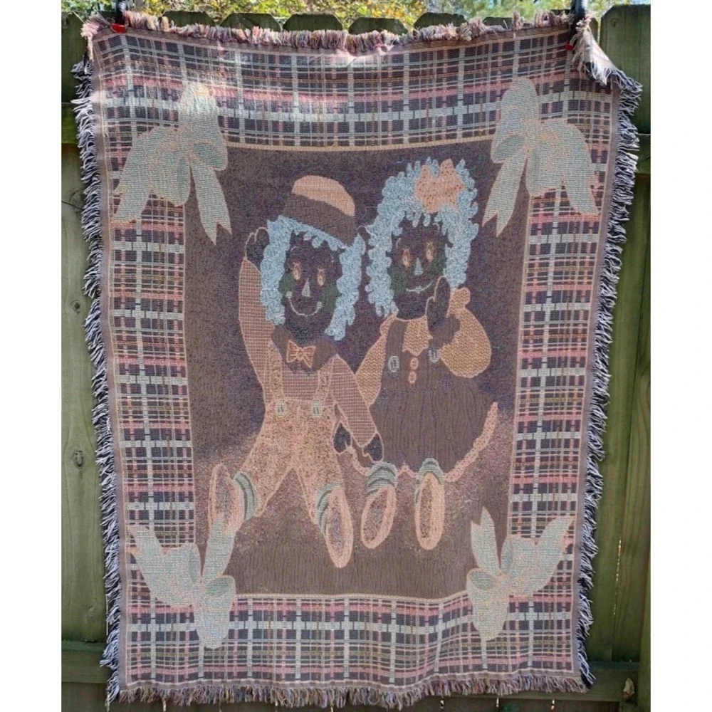 Vintage Raggedy Ann and Andy‎ Dolls Fringed Woven Tapestry Blanket